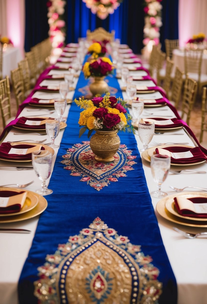 A table adorned with rich velvet runners in vibrant colors, complemented by intricate Indian wedding decorations