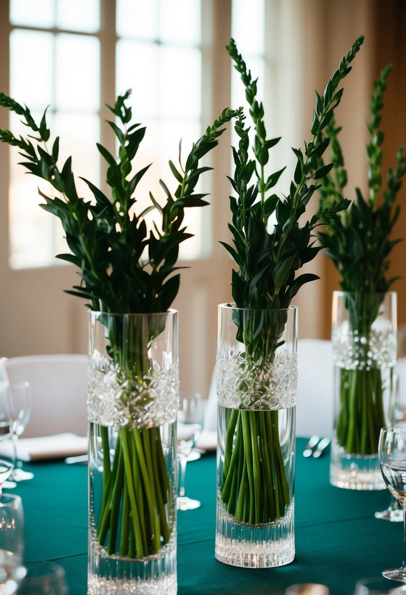 Dark green stems arranged in crystal vases on wedding tables