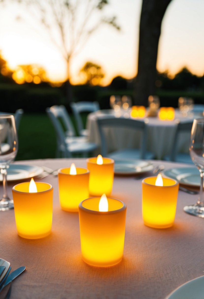 Several LED votives are arranged on an outdoor wedding table, casting a warm glow and creating a romantic atmosphere