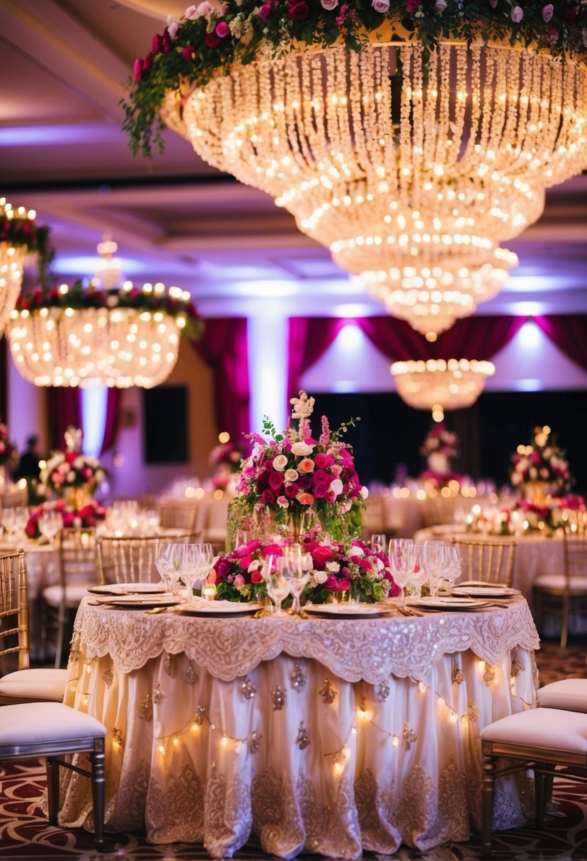 An opulent Indian wedding table adorned with vibrant fairy lights and intricate floral arrangements