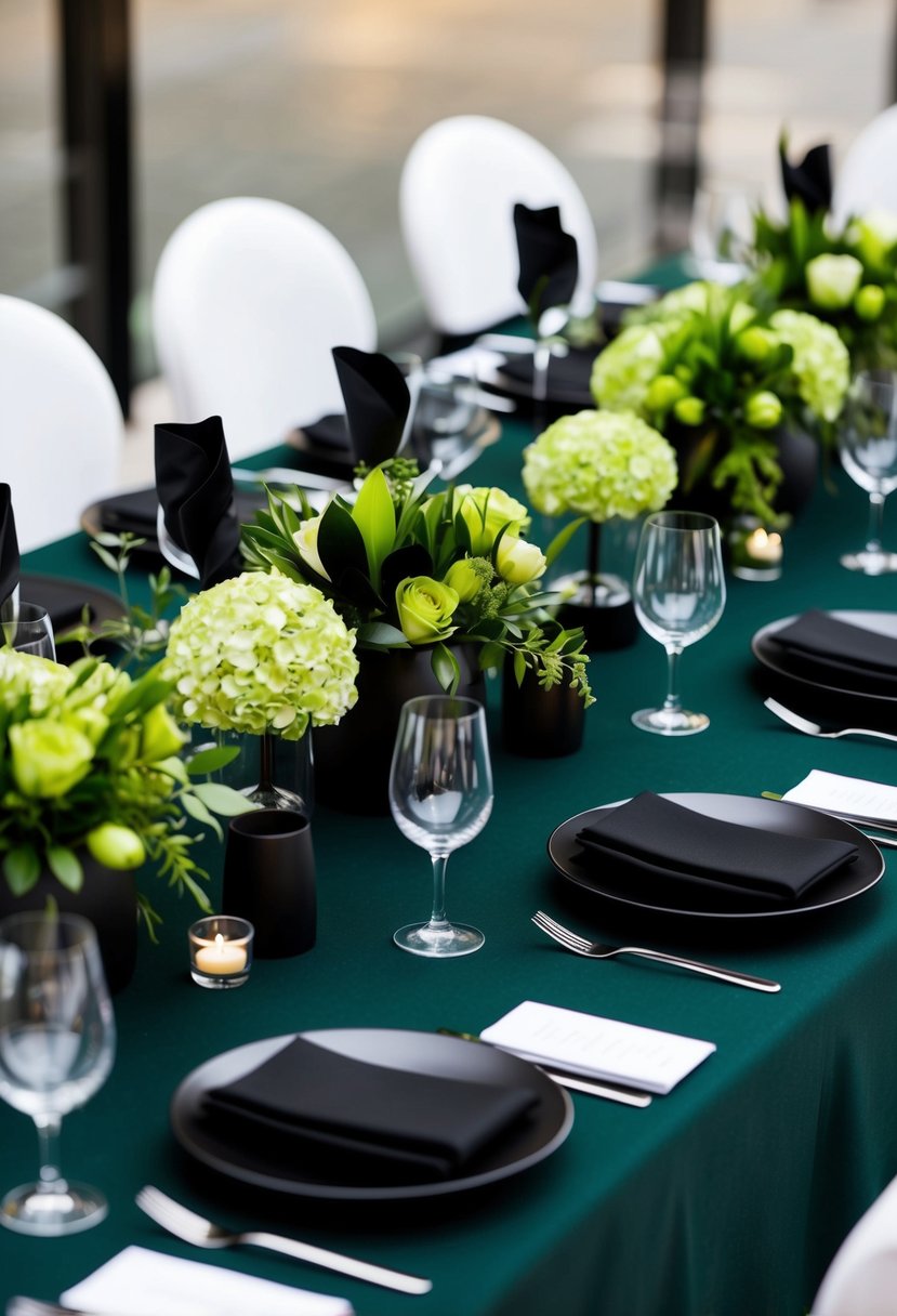 A dark green tablecloth with black accents, adorned with modern green floral centerpieces and sleek black place settings