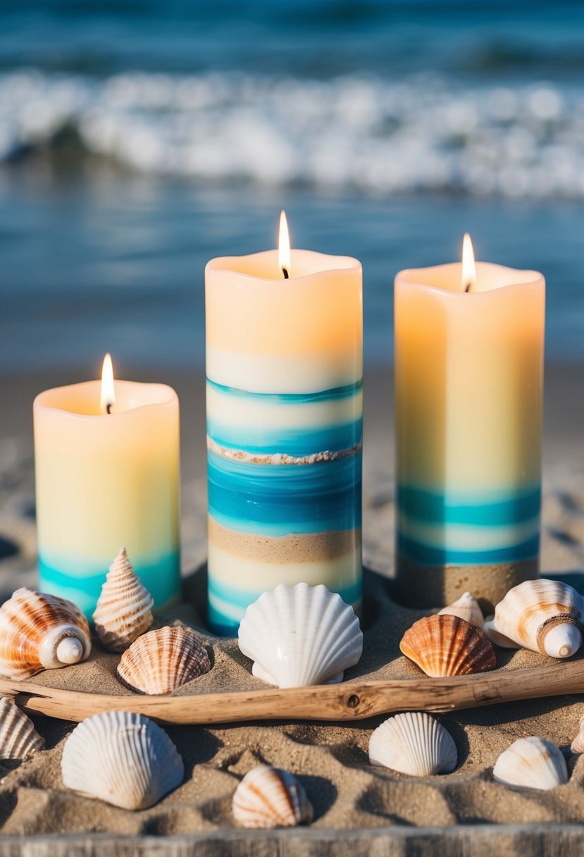 A beach-themed candle display with shells, sand, and driftwood accents