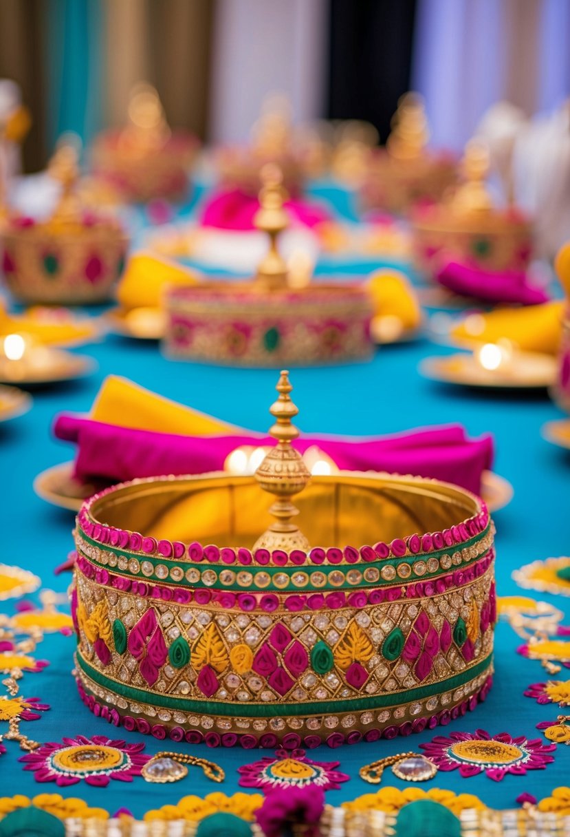 A vibrant Indian wedding table adorned with Gota Patti table accents, featuring intricate patterns and bright colors