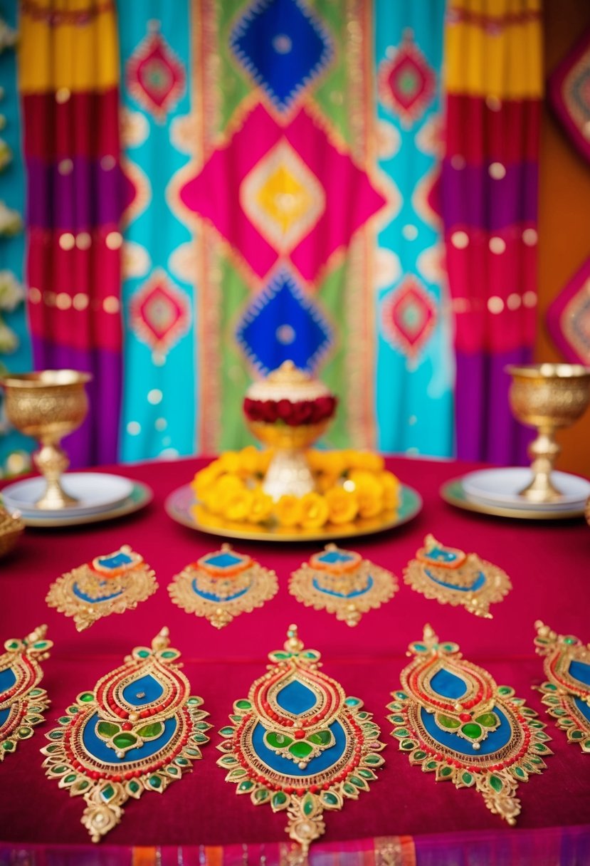 Vibrant mehndi backdrop with colorful patterns for Indian wedding table decor