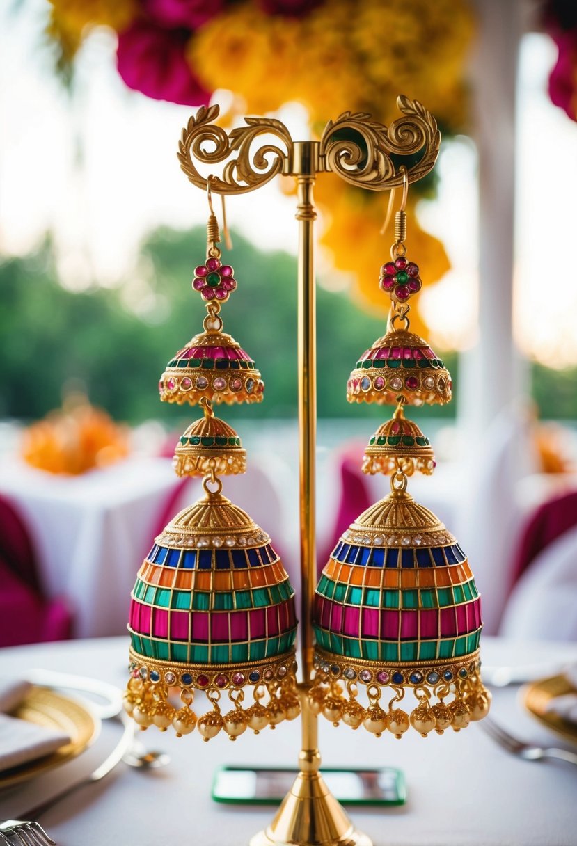 Colorful jhumka earrings hanging from a decorative Indian wedding table centerpiece