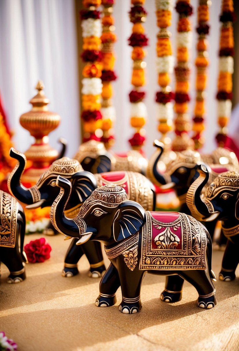 Intricately carved elephant figurines arranged as Indian wedding table decorations