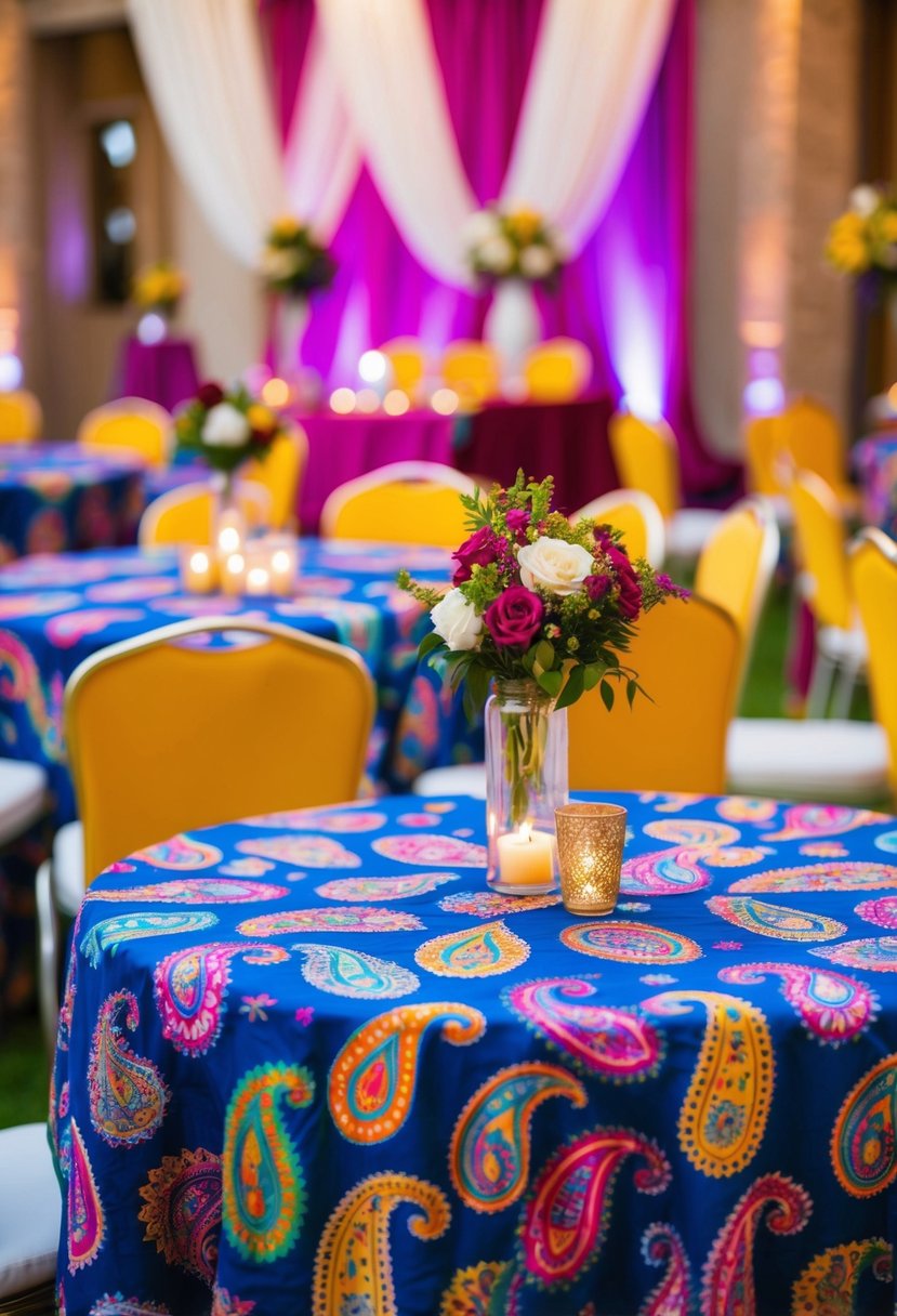 Colorful paisley patterned table cloths adorn the tables, adding a vibrant and traditional touch to the Indian wedding decorations