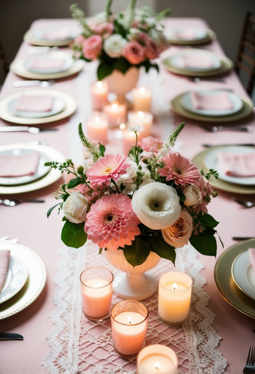 A pink and white floral centerpiece surrounded by candles and delicate lace table runners