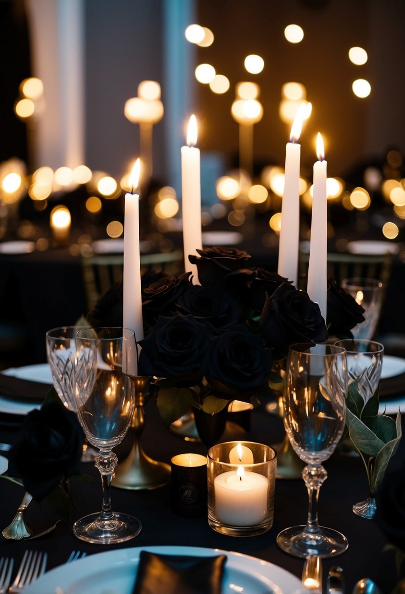 A dimly lit table adorned with black roses, candles, and gothic centerpieces