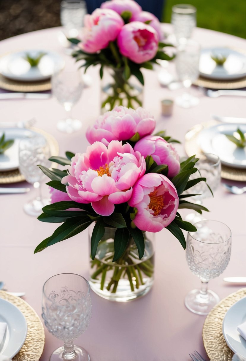 A table set with pink peony centerpieces and white accents for a wedding celebration