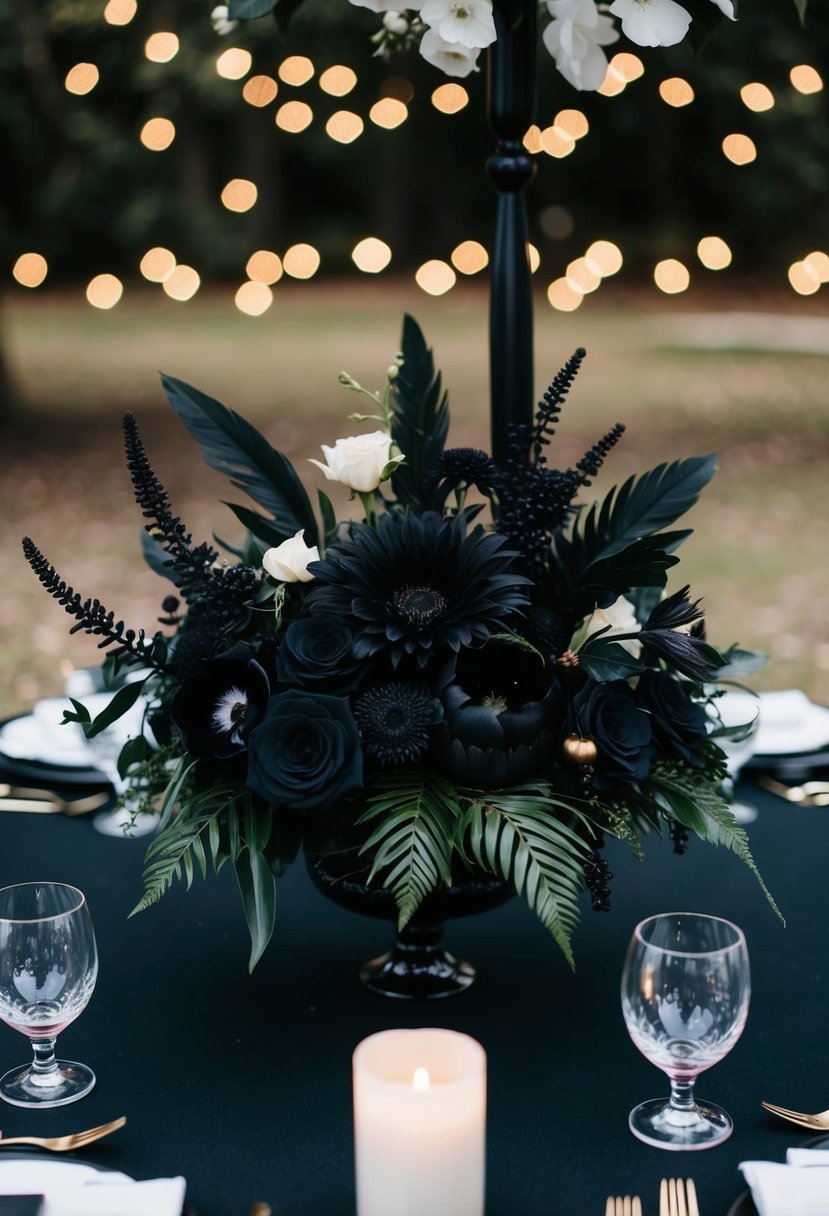 A black floral arrangement with gothic elements adorns a dark wedding table