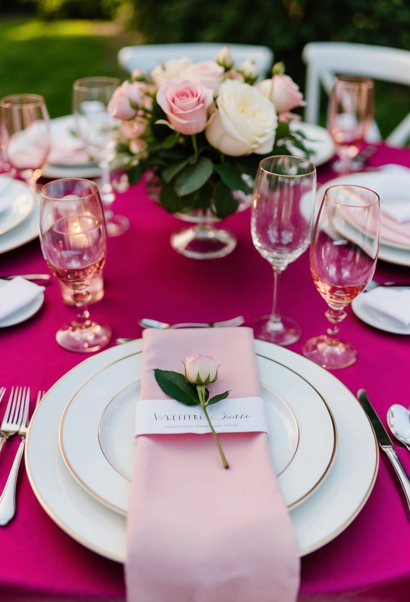 A table set with rose quartz pink and white place settings for a wedding