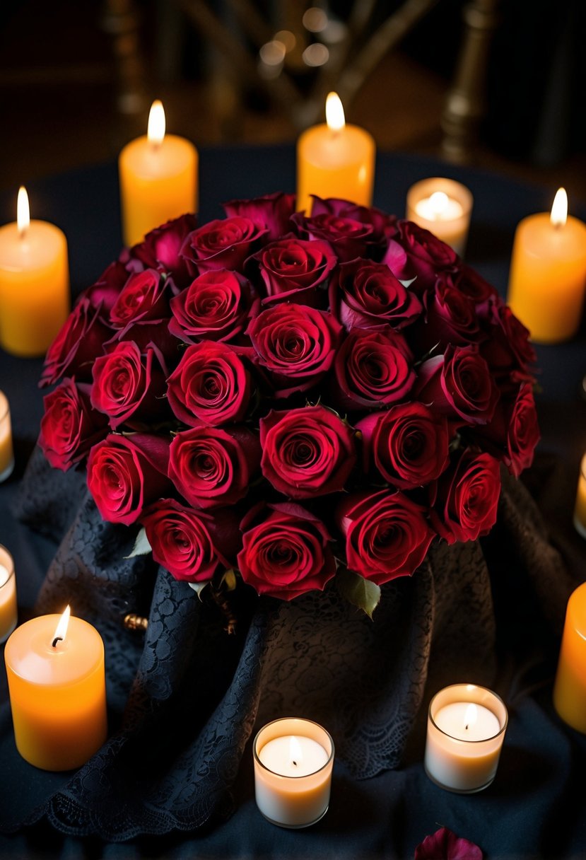 Deep red roses arranged in a cluster on a dark table, surrounded by flickering candles and draped with black lace