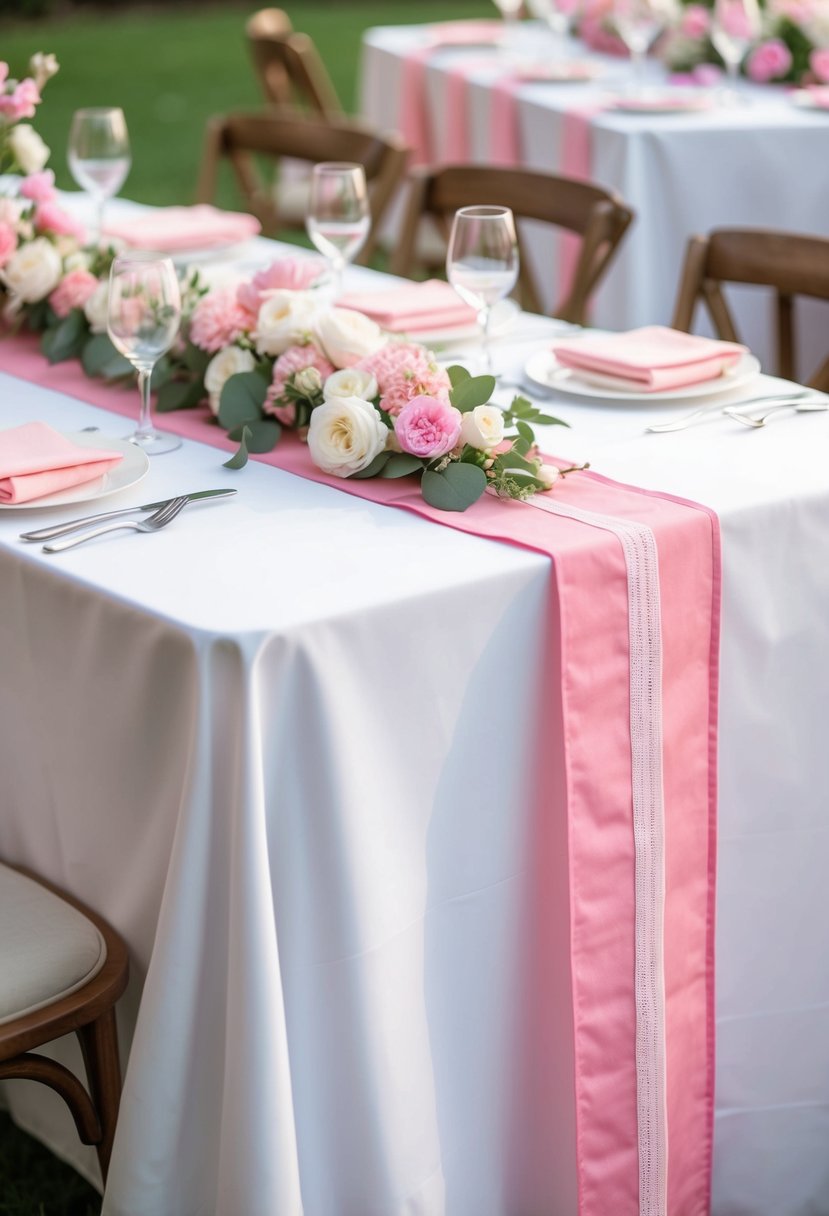 White table runners with pink trim lay across a table, adorned with pink and white wedding decorations