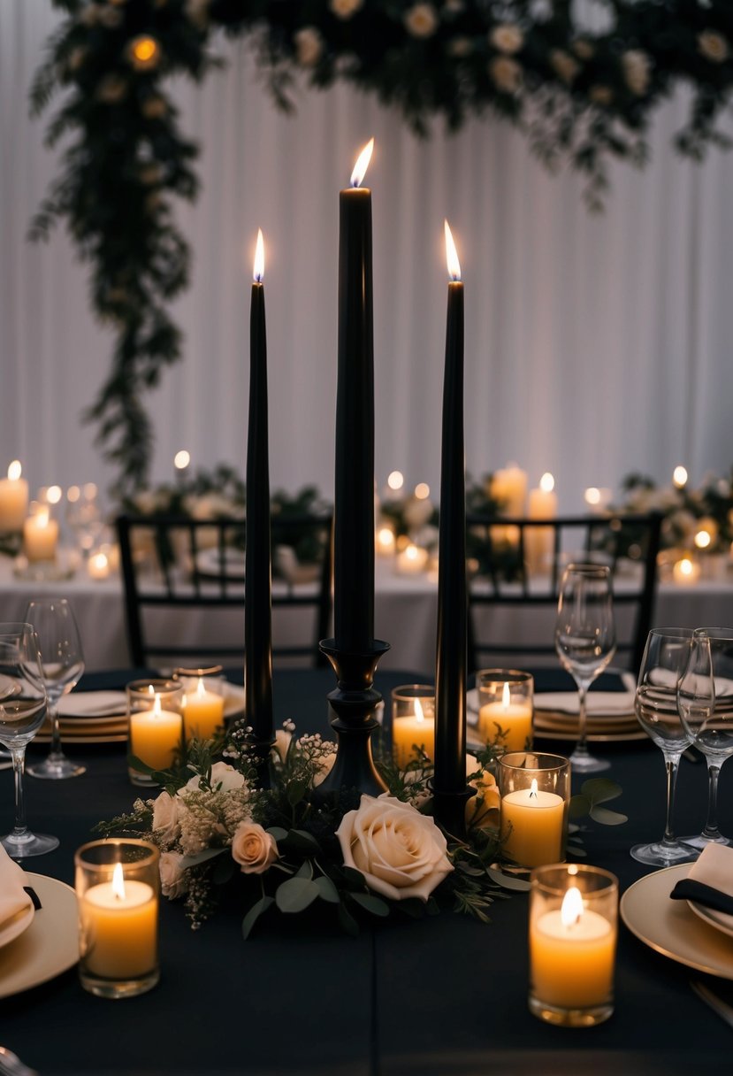 A black taper candle centerpiece stands tall on a dark wedding table, surrounded by moody floral arrangements and flickering candlelight