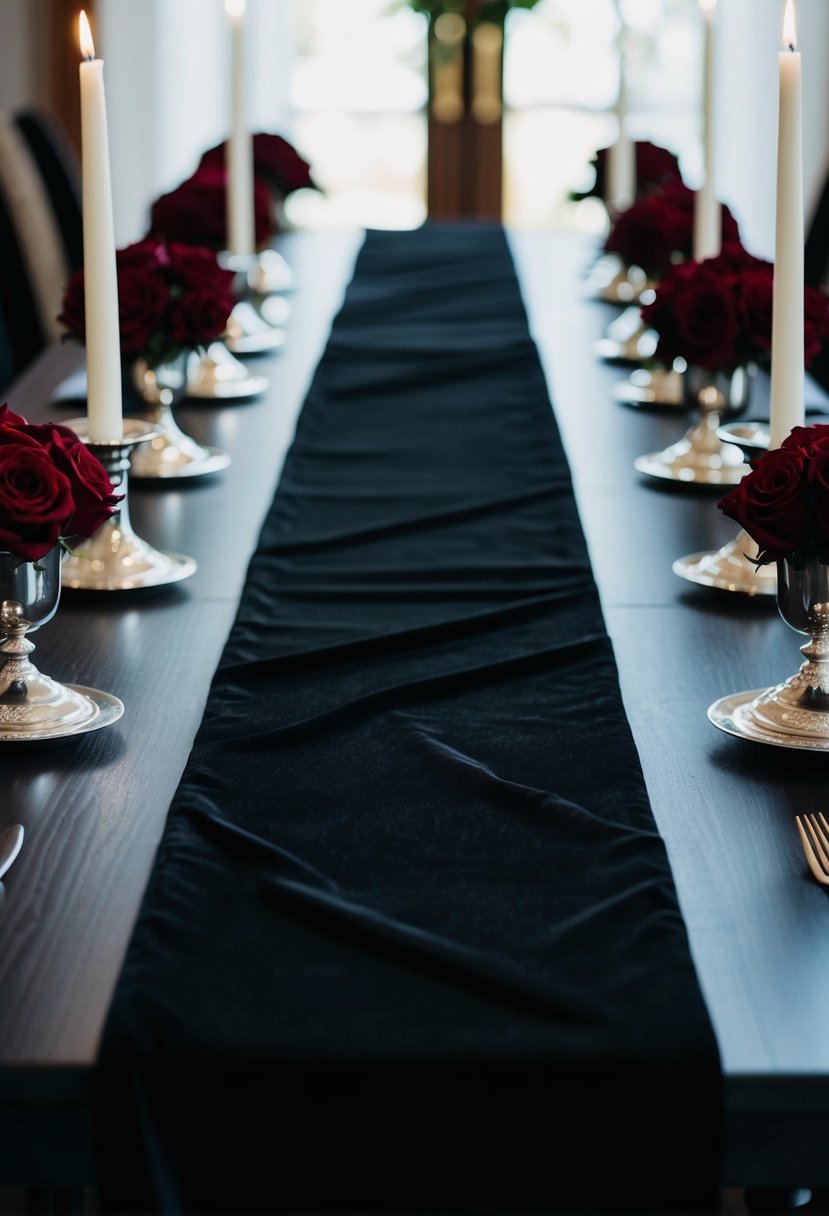 A long, black velvet table runner drapes dramatically across a dark wooden table, adorned with silver candlesticks and deep red roses