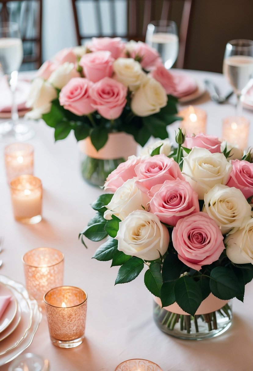 Two elegant pink and white rose bouquets arranged as table decorations for a wedding celebration