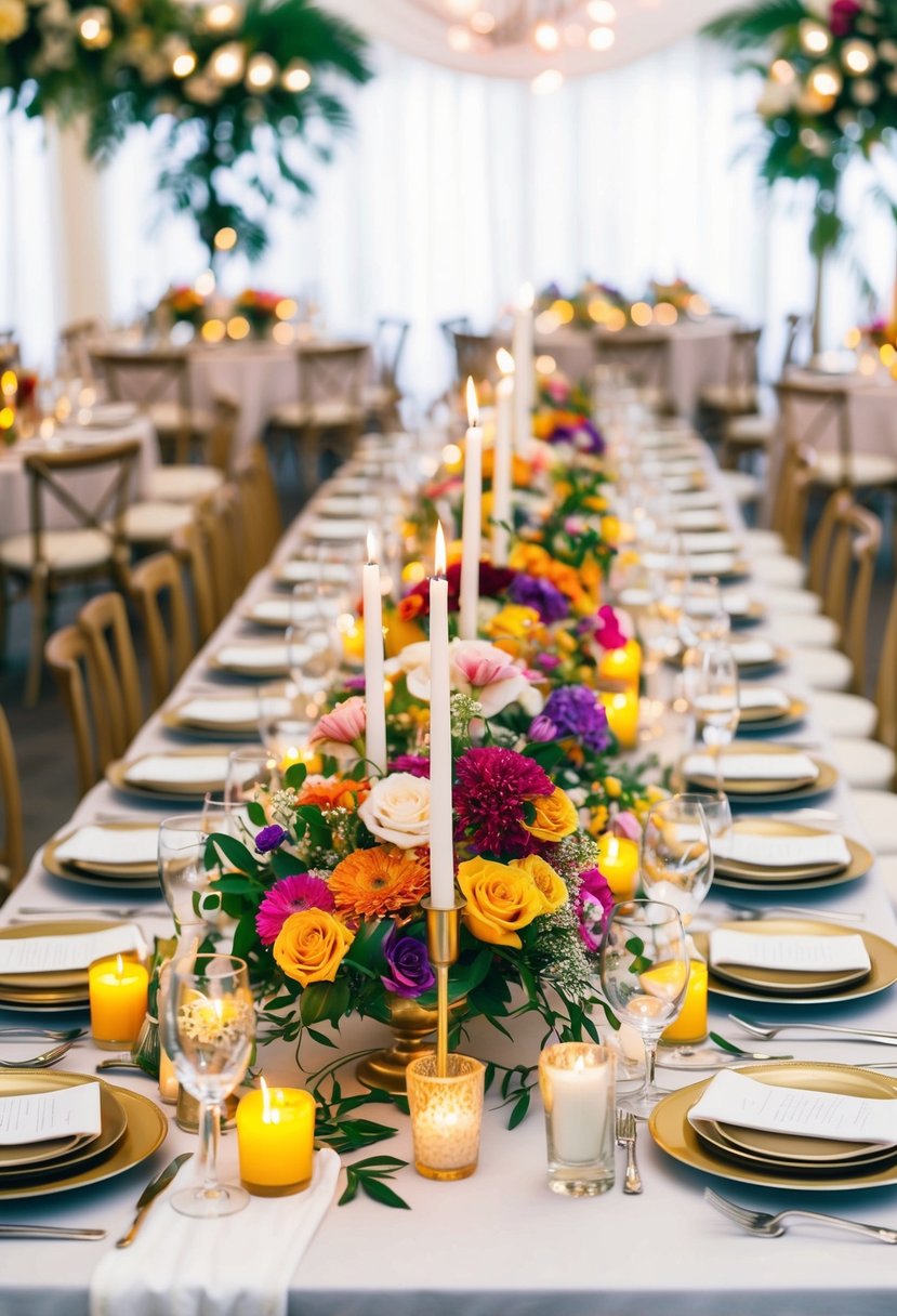 A vibrant array of flowers, candles, and tableware adorns the wedding tables, creating a joyful and festive atmosphere