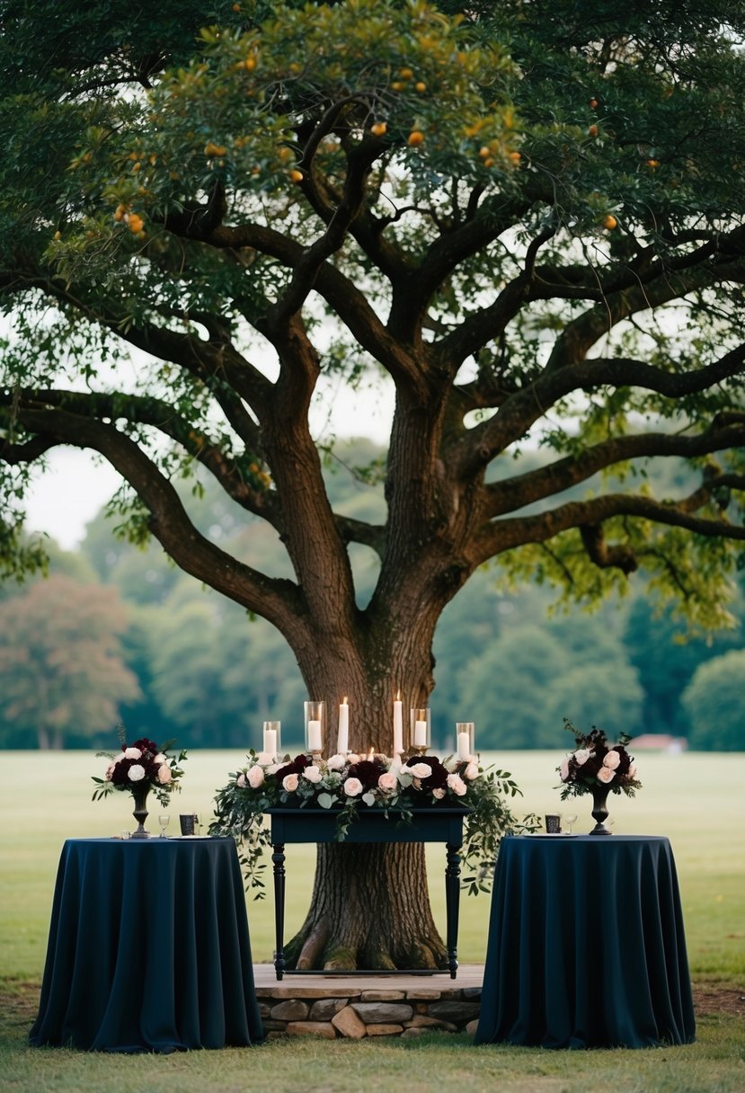 A whimsical tree altar adorned with dark wedding table decorations