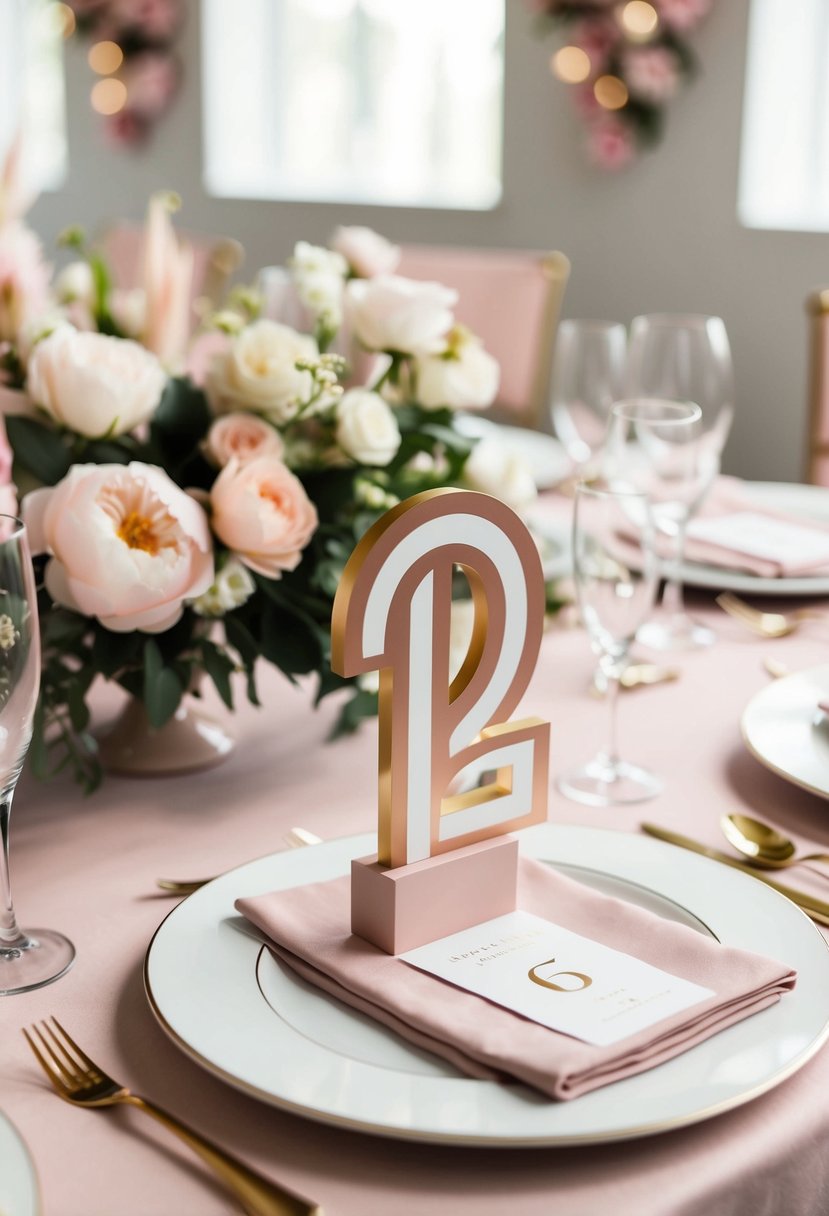 A table set with dusty pink and gold table numbers, surrounded by pink and white wedding decorations