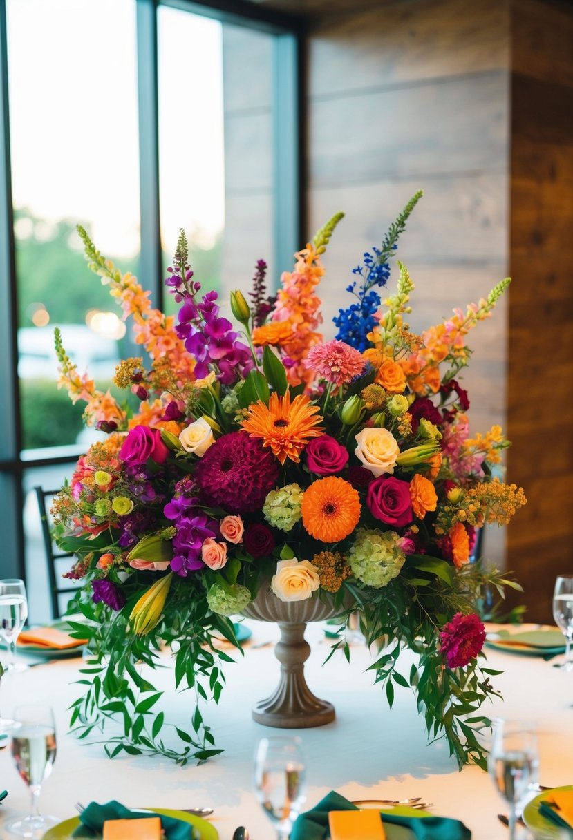 A vibrant centerpiece of bold florals in various hues and sizes, arranged in a cascading design on a wedding table