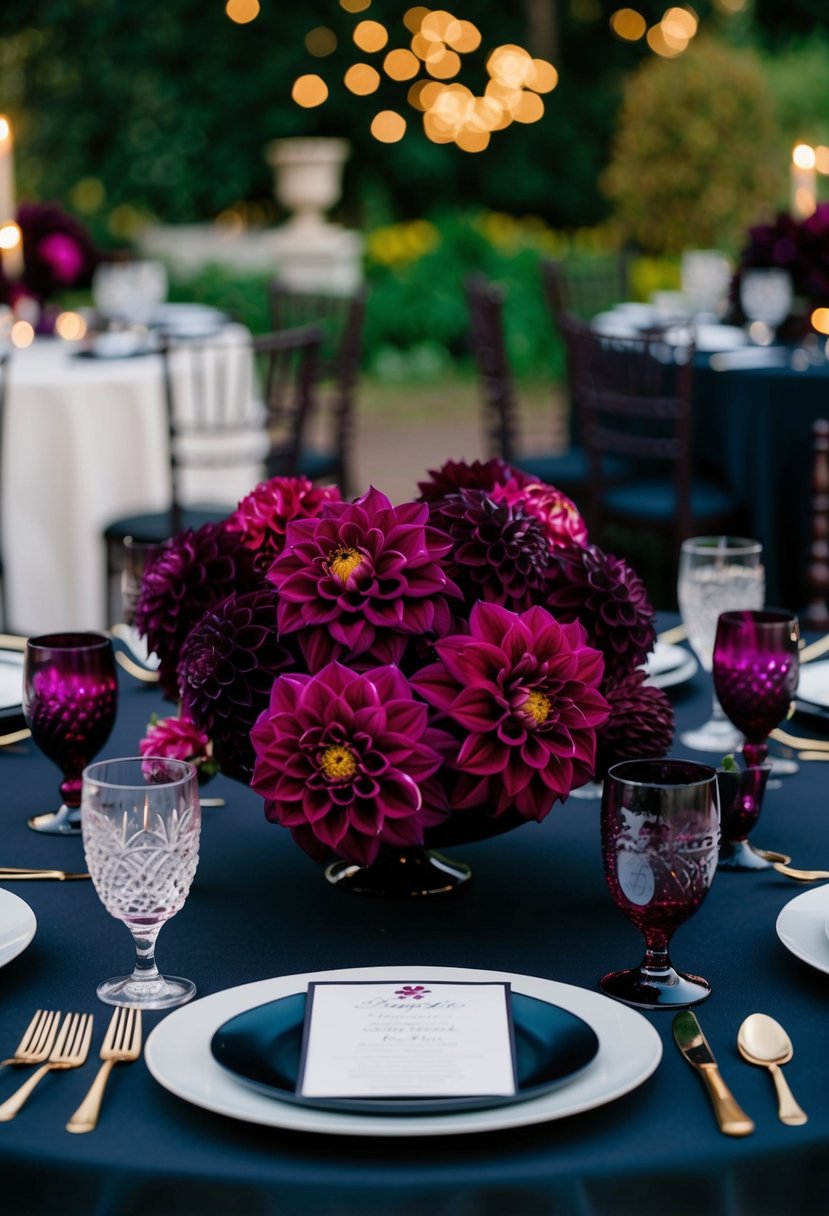 A dark table adorned with plum and burgundy dahlias for a wedding