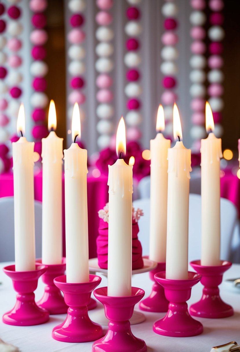 White candles in pink holders arranged on a table with pink and white wedding decor