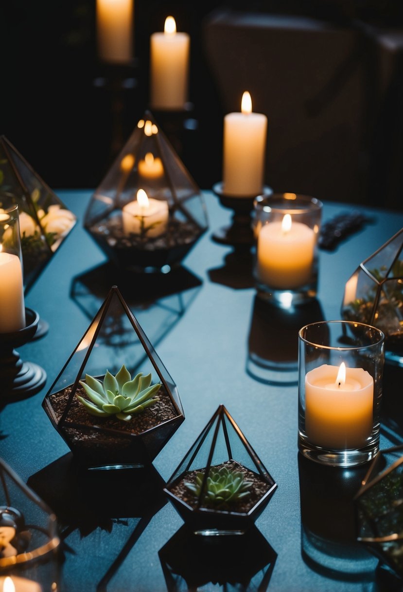 Ethereal geometric terrariums arranged on a dark wedding table, casting intricate shadows in the dim candlelight