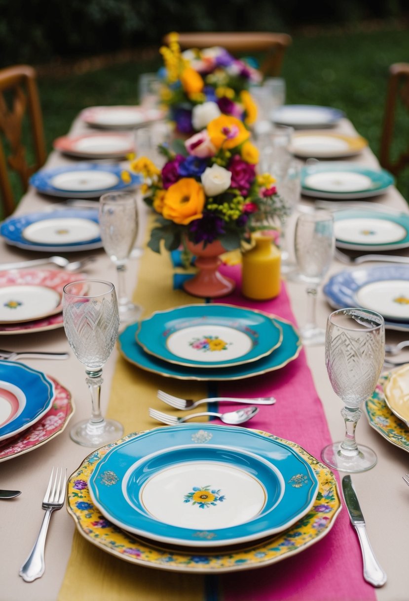 A table set with a mix of vintage plates in various colors and patterns, creating a vibrant and eclectic wedding decoration