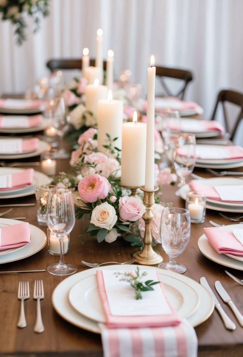 A table set with pink and white striped napkins, adorned with delicate floral centerpieces and candles for a romantic wedding reception