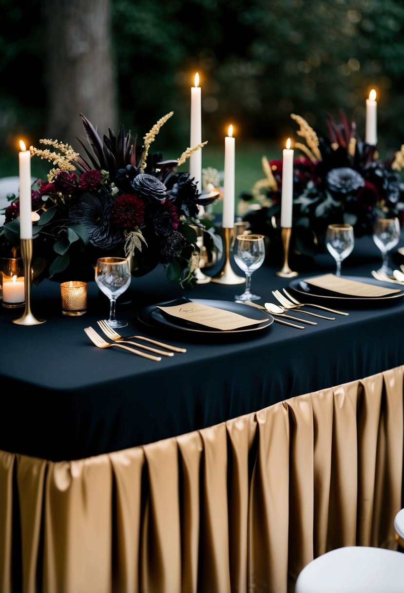 A black tablecloth with gold accents, adorned with dark florals and candles, creating a moody and elegant wedding table setting