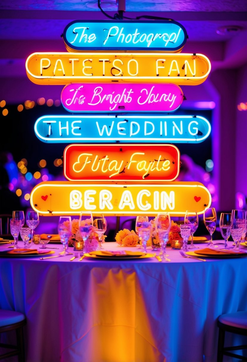 Vibrant neon signs illuminate a wedding table, each personalized with a unique touch. Bright colors and playful designs create a lively and festive atmosphere