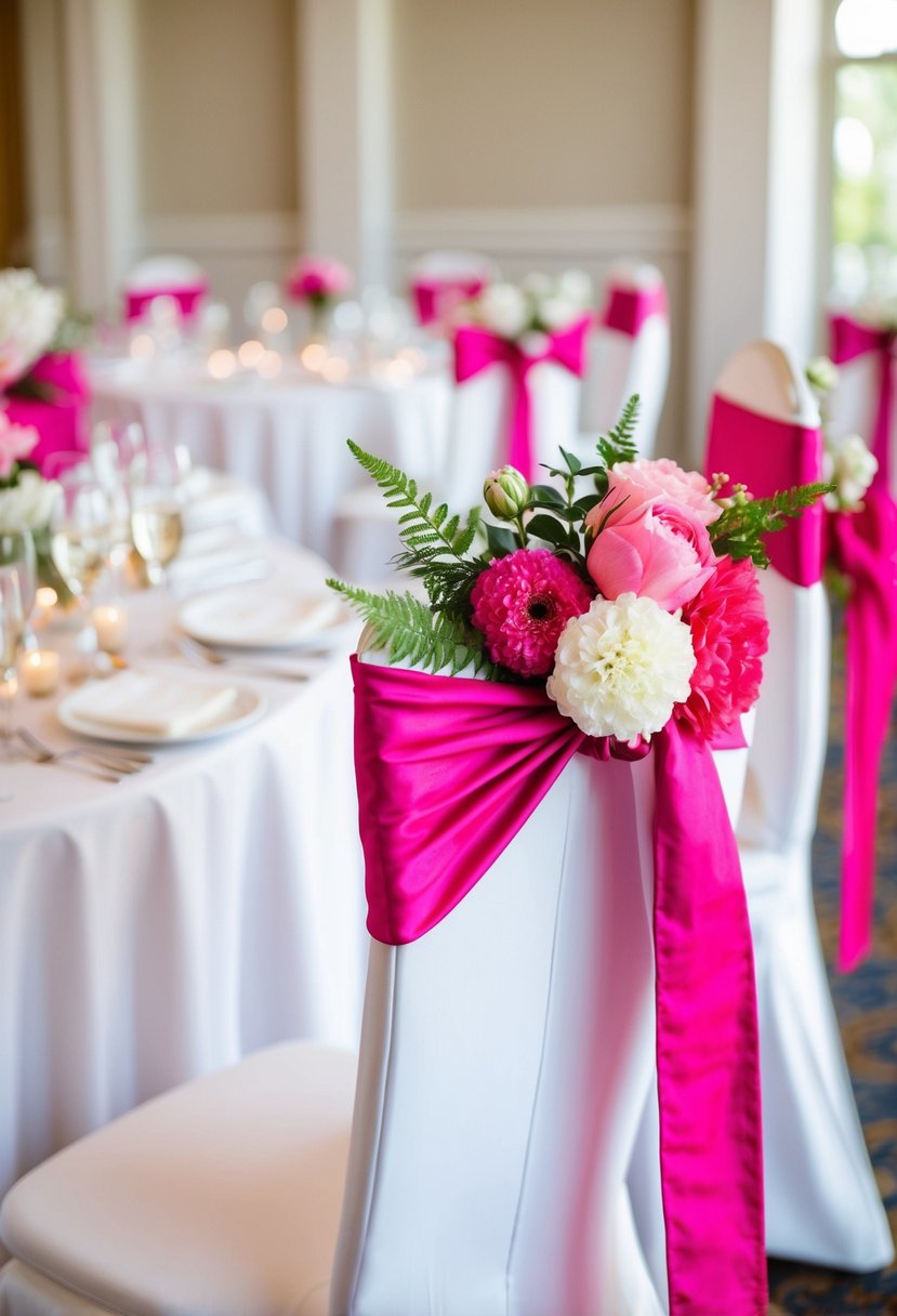 Pink and white floral chair ties adorn elegant wedding reception tables