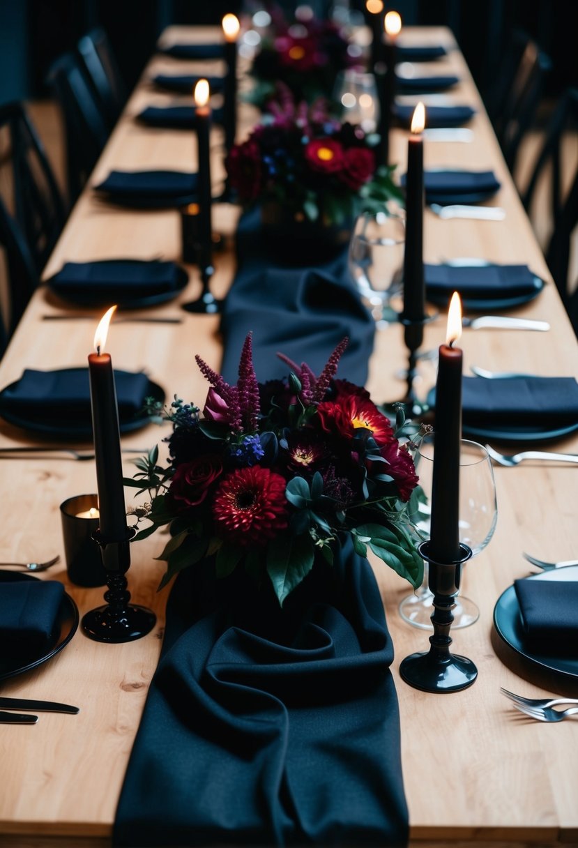 A dimly lit table adorned with deep-hued flowers, black candles, and draped in dark fabric