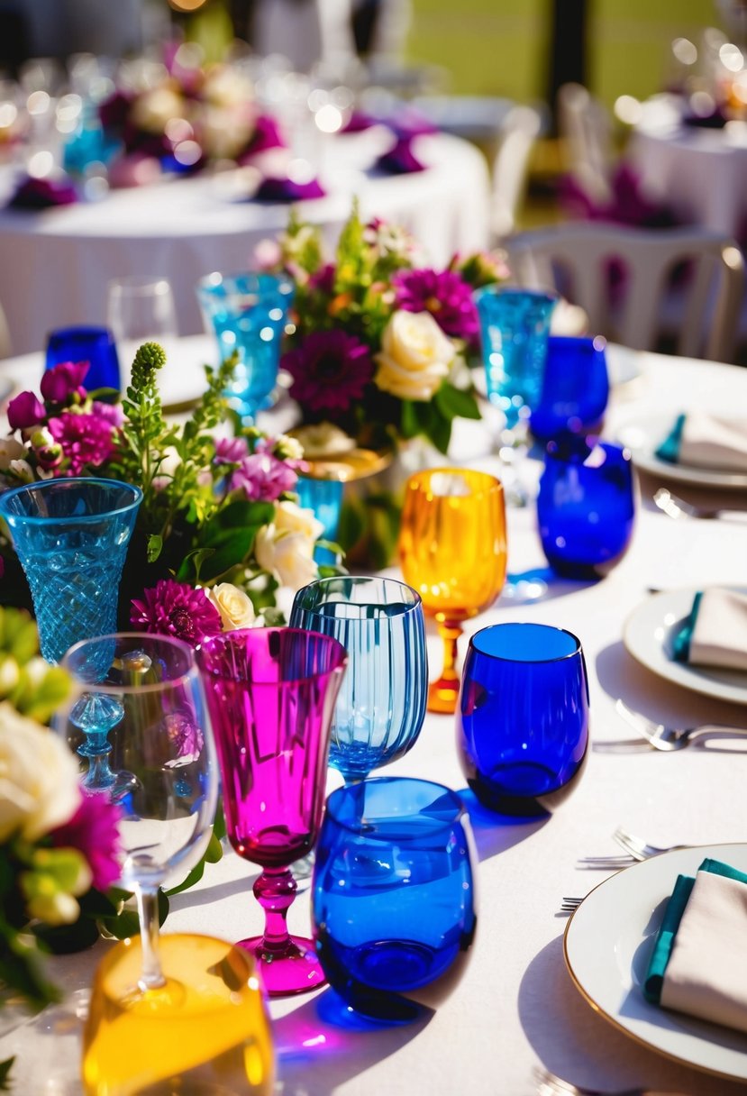 A table adorned with vibrant glassware in various shapes and sizes, catching the light and adding a pop of color to the wedding decor