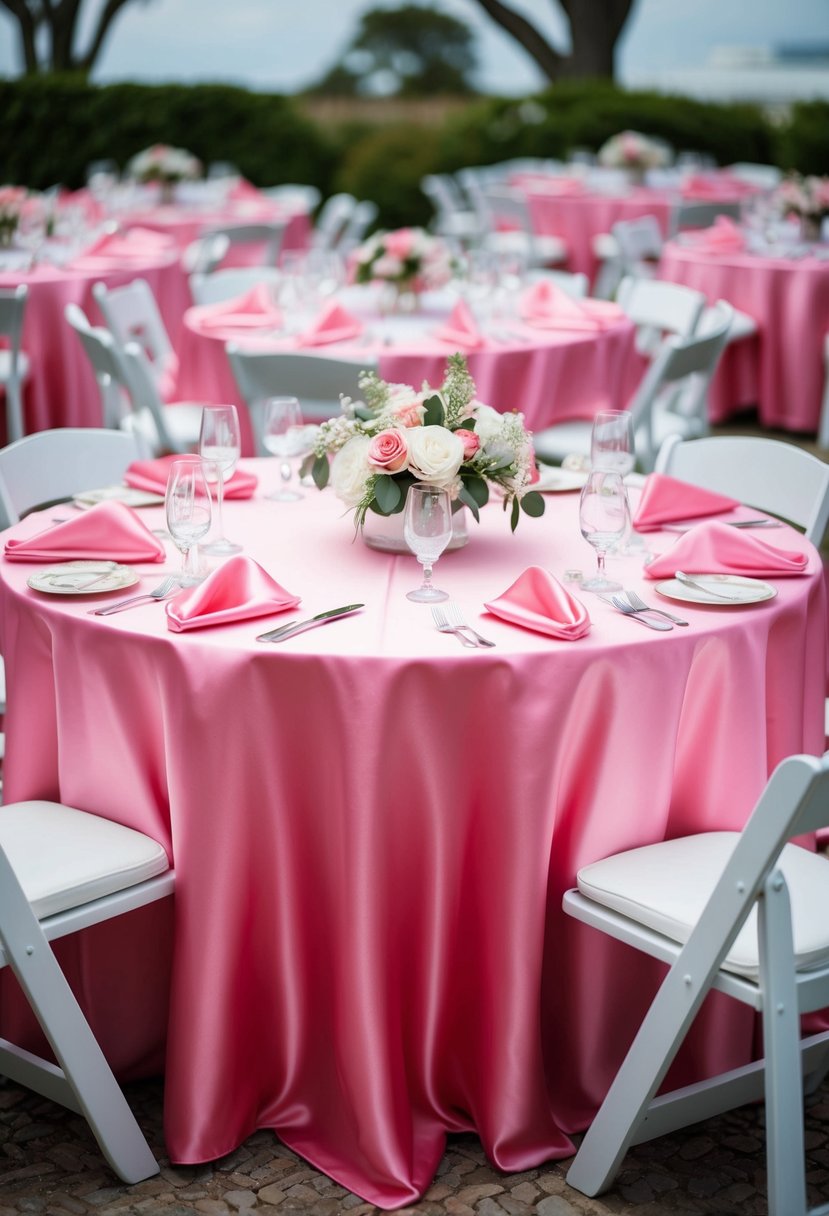 Pink satin tablecloths draped over round tables with white floral centerpieces and pink satin napkins