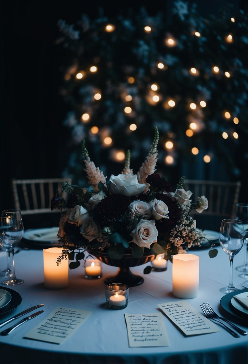 A dimly lit table adorned with moody floral arrangements and handwritten notes, creating an eerie and enchanting atmosphere for a dark wedding