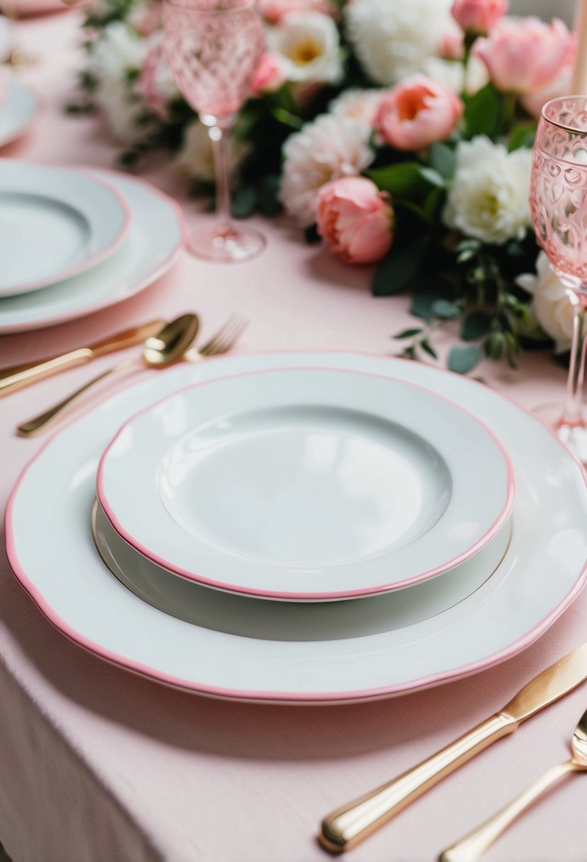 White plates with pink edging arranged on a table with pink and white floral decorations