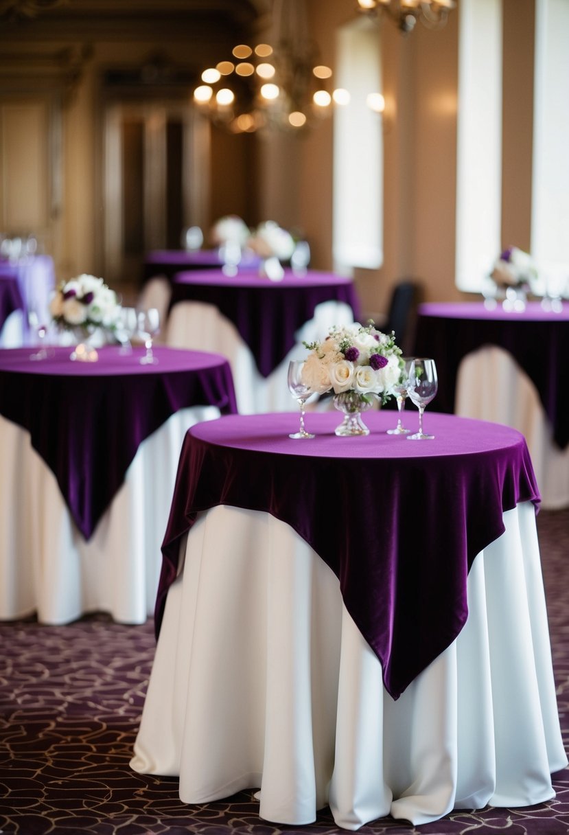 Deep purple velvet tablecloths draped over elegant wedding tables