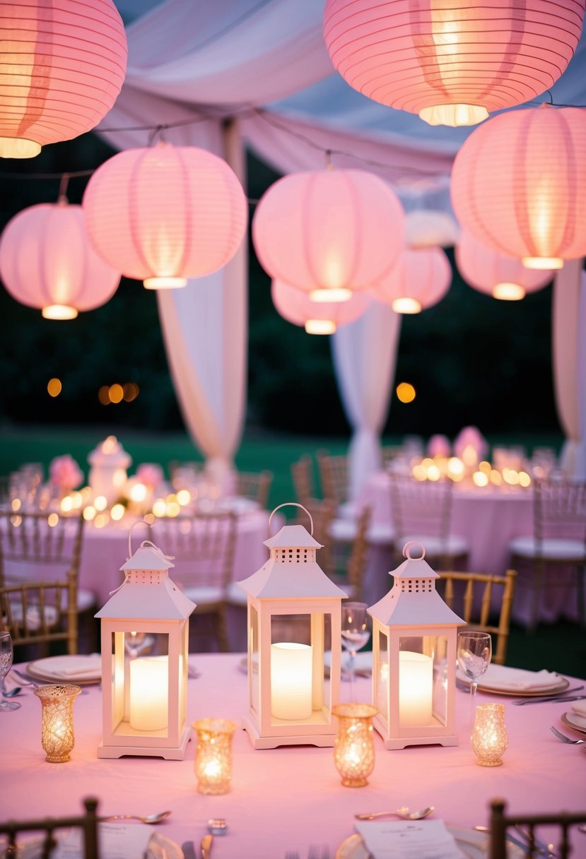 Pink lanterns with delicate white accents illuminate a romantic wedding table, creating an elegant and dreamy atmosphere