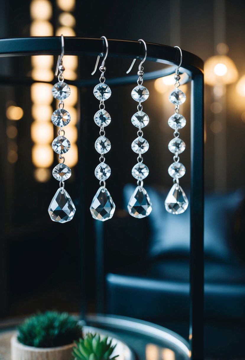 Crystal accents dangle from a black table, casting shimmering reflections in the dimly lit room