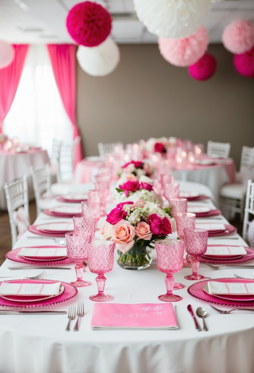 A table set with pink crystal glassware, adorned with pink and white wedding decorations