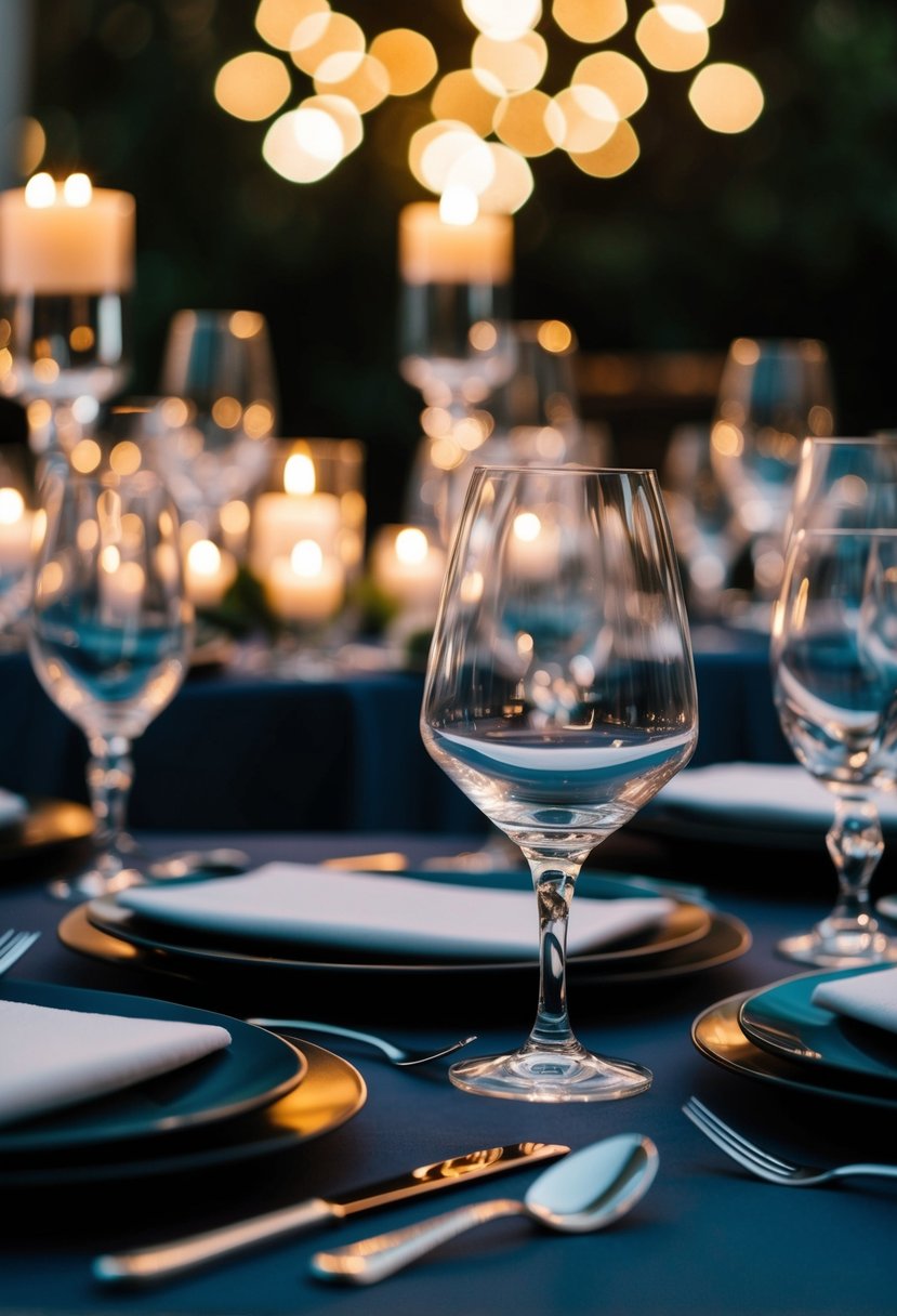 A dimly lit table adorned with smoky glassware for a dark wedding ambiance