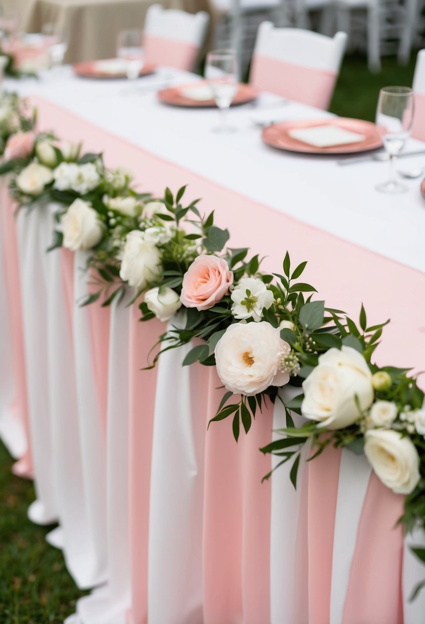 A white floral table overlay adorns a pink and white wedding table