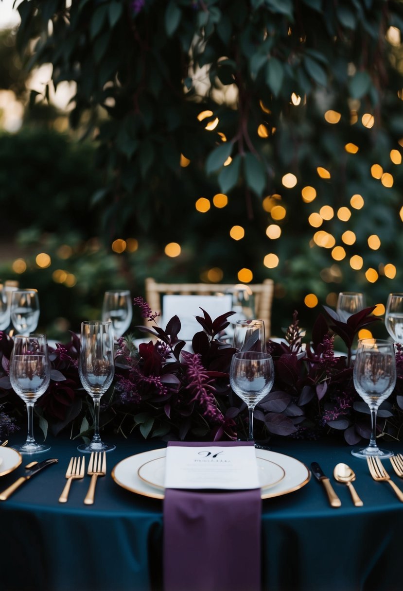 A dark wedding table adorned with rich purple foliage