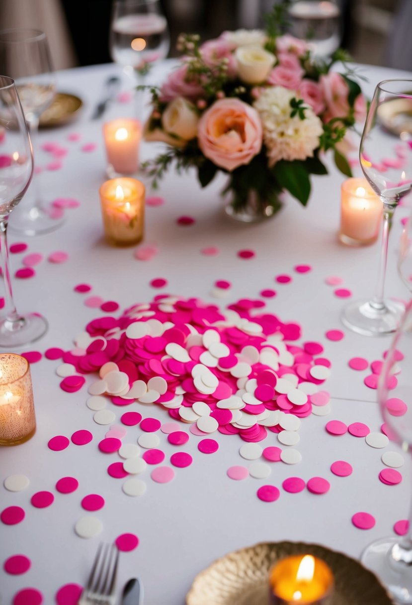 Pink and white table confetti scattered across a wedding reception table, surrounded by delicate floral centerpieces and flickering candles