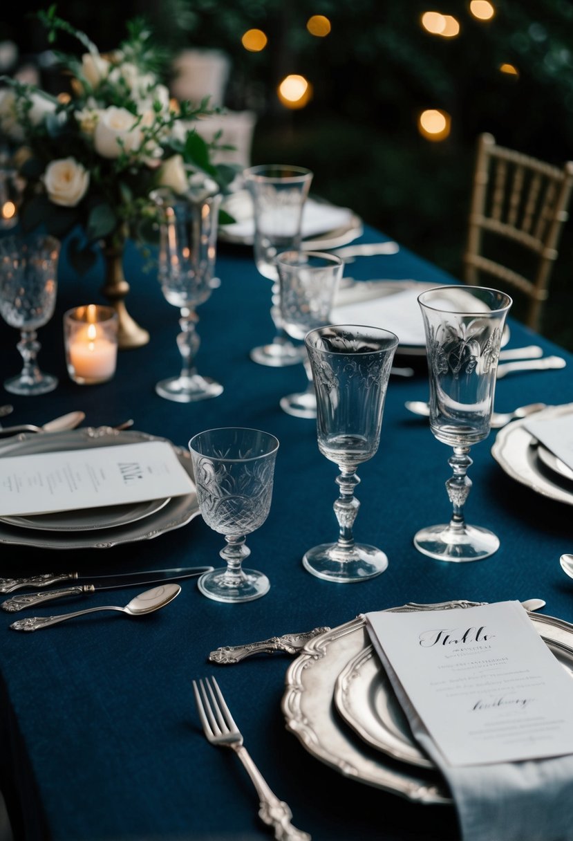 A dark, moody table set with vintage goblets and ornate silverware for a wedding reception