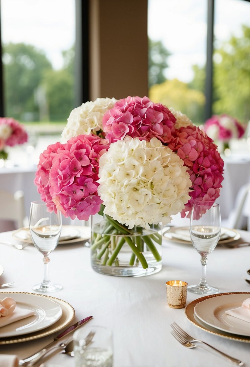 A table adorned with pink and white hydrangea arrangements for a wedding centerpiece