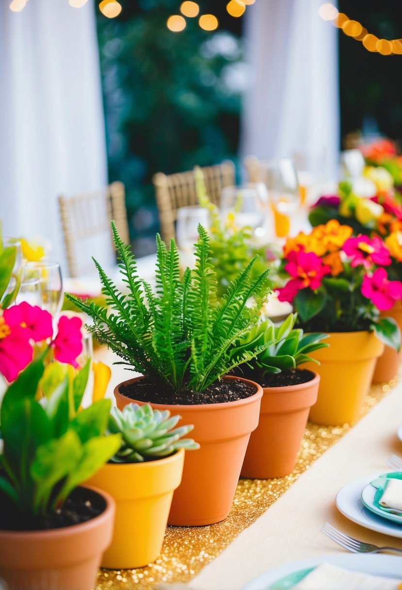 Vibrant potted plants adorn a wedding table, adding charm and color to the decor