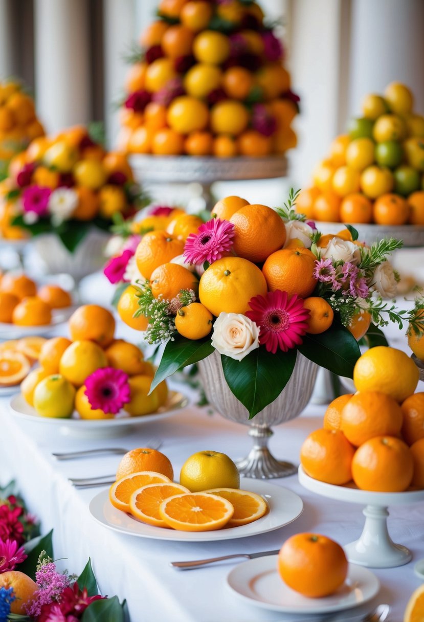 A vibrant display of citrus fruits and flowers arranged on a wedding table